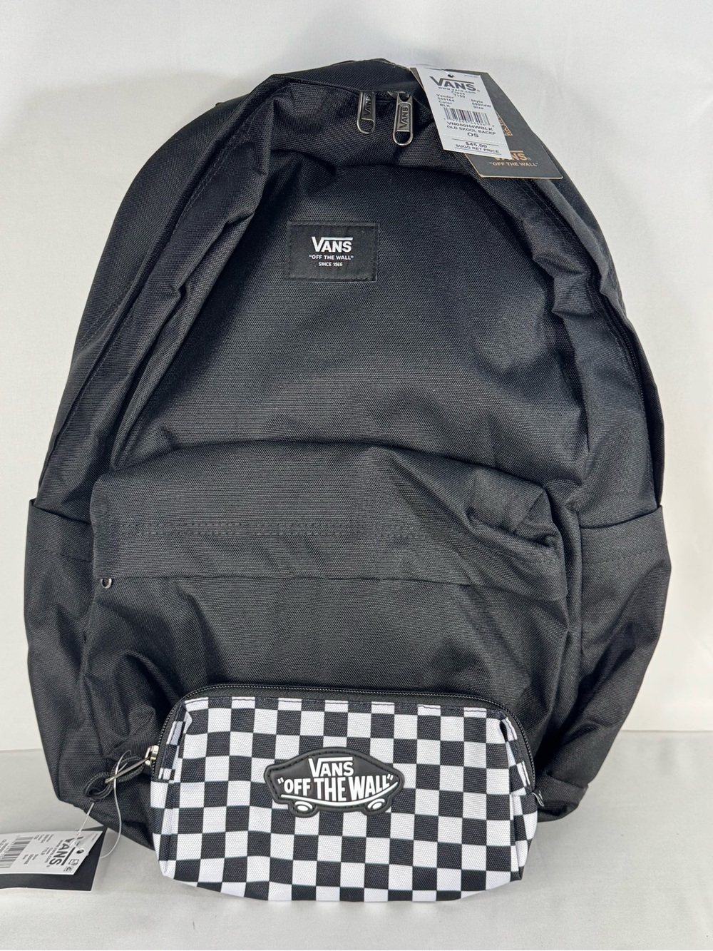 Vans Black Backpack with Black-and-White Checkerboard Pouch